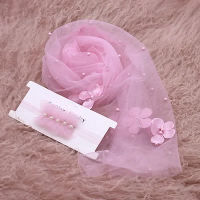 2PCS/SET NEWBORN PHOTO PROPS SOFT CHIFFON LACE FLORAL PEARLS MESH GAUZE INFANT PHOTOGRAPHY BACKDROP ACCESSORIES
