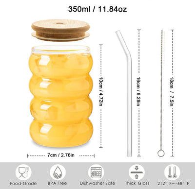 1/2/4PCS Creative Glass Cup with Lid Straw Heat-resistant Wave Cup Beer Juice Ice Coffee Cups Cocktail Fruit Glass Drinkware