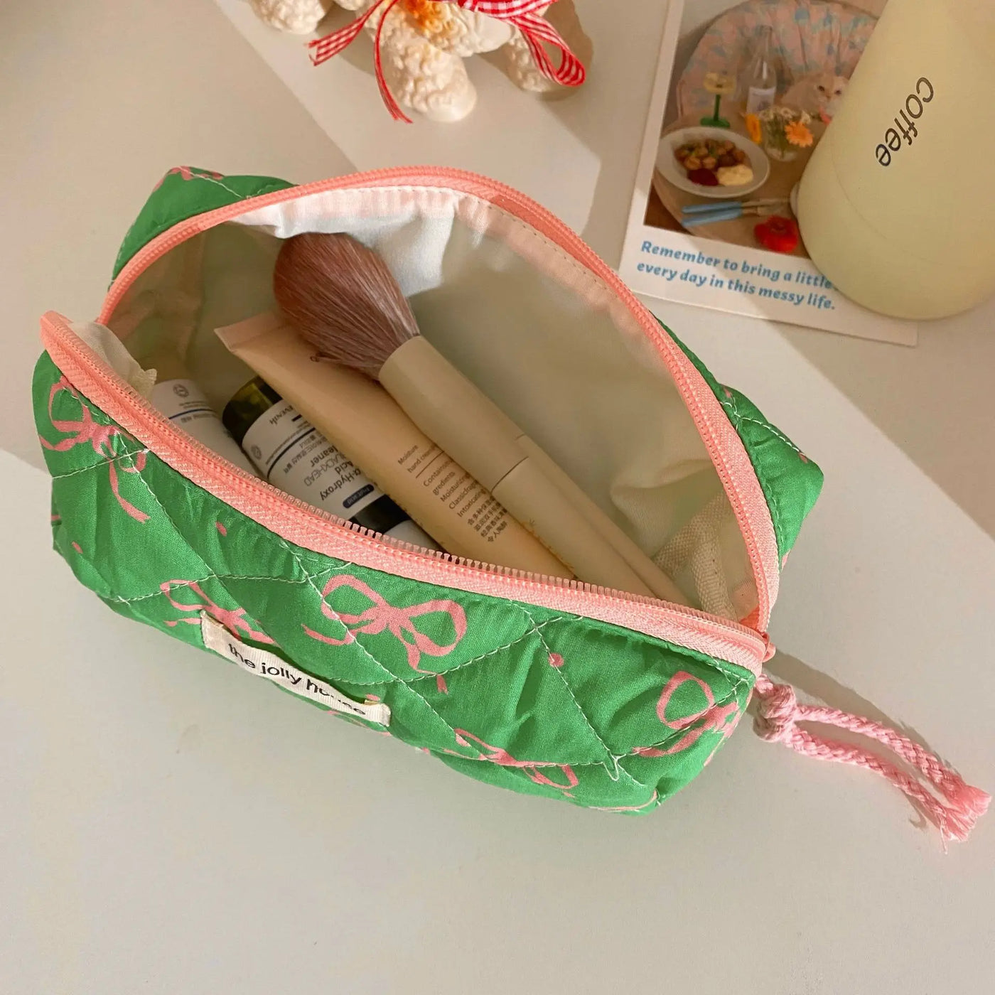 Green Pink Contrasting Bow Makeup Bag Large Capacity Portable Travel Toiletry Bag Storage Bag