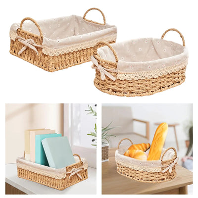 Woven Storage Baskets Kitchen Organizer Handwoven with Handles Cosmetic Box for Breakfast Fruit Bedroom Bathroom Home Decorative