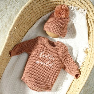 Ylsteed Hello World Knitting Newborn Photography Romper with Matching Pomp Hat Baby Boy Girl Sweater Outfits for Photo Shooting