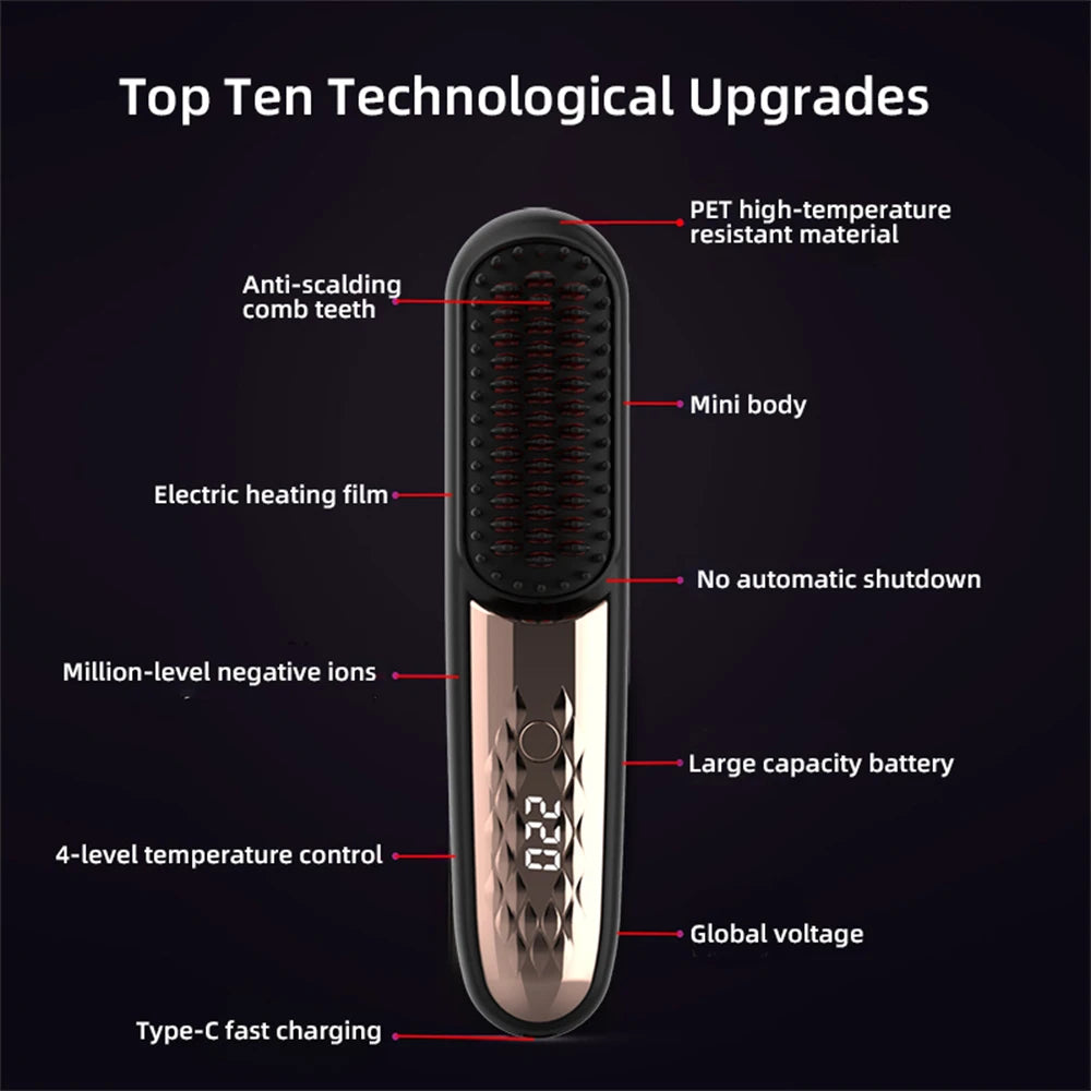 Cordless Hair Brush Straightener Electric Hot Heating Brush Negative Ion Hair Straightening Styling Comb Smoothing Nourish Hair