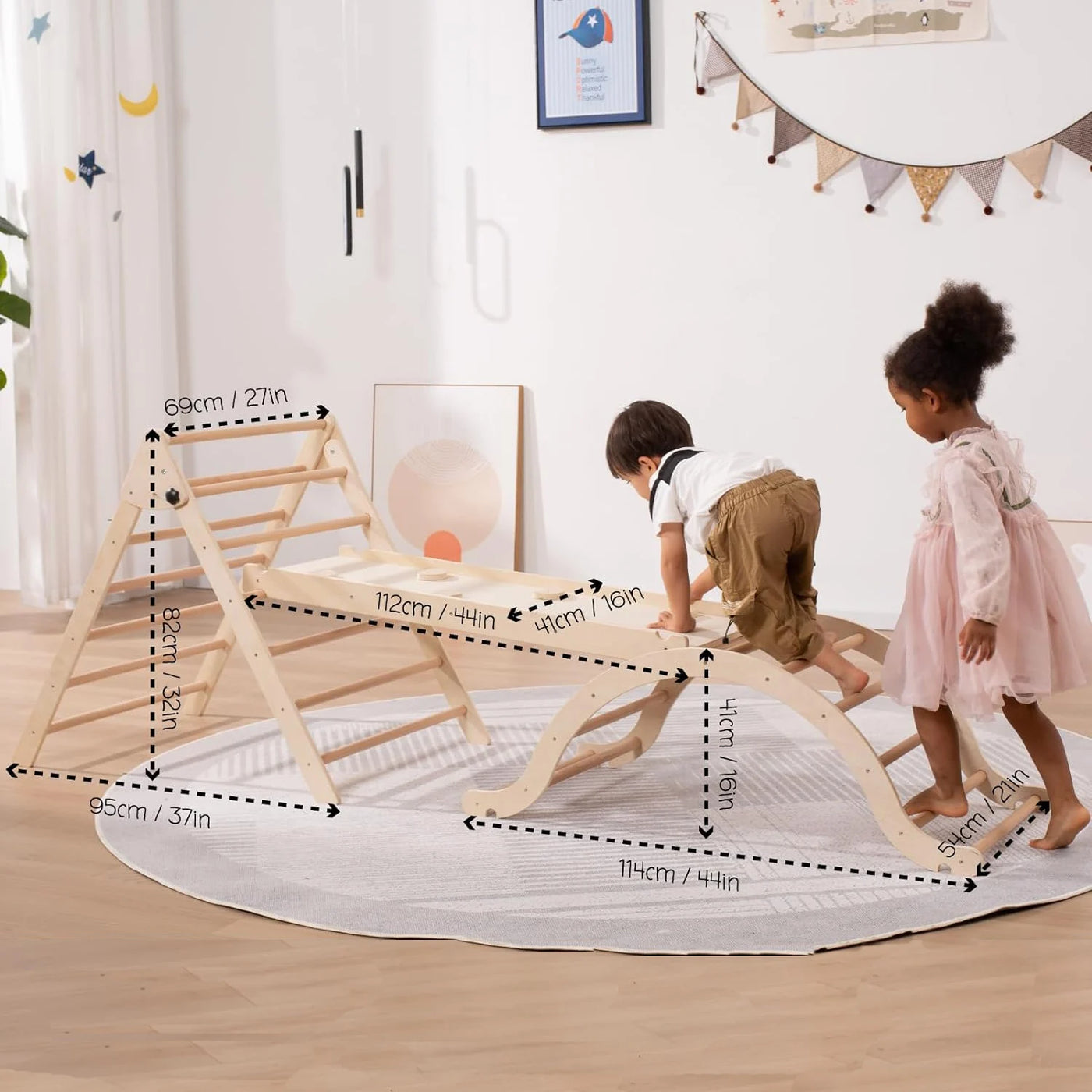 Large Foldable Pikler Triangle Set with Sliding Ramp & Climbing Arch Ramp, 5-in-1Wooden Toddler Climbing Toys Indoor