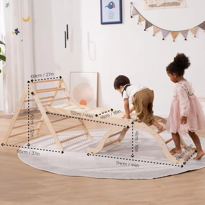 Large Foldable Pikler Triangle Set with Sliding Ramp & Climbing Arch Ramp, 5-in-1Wooden Toddler Climbing Toys Indoor