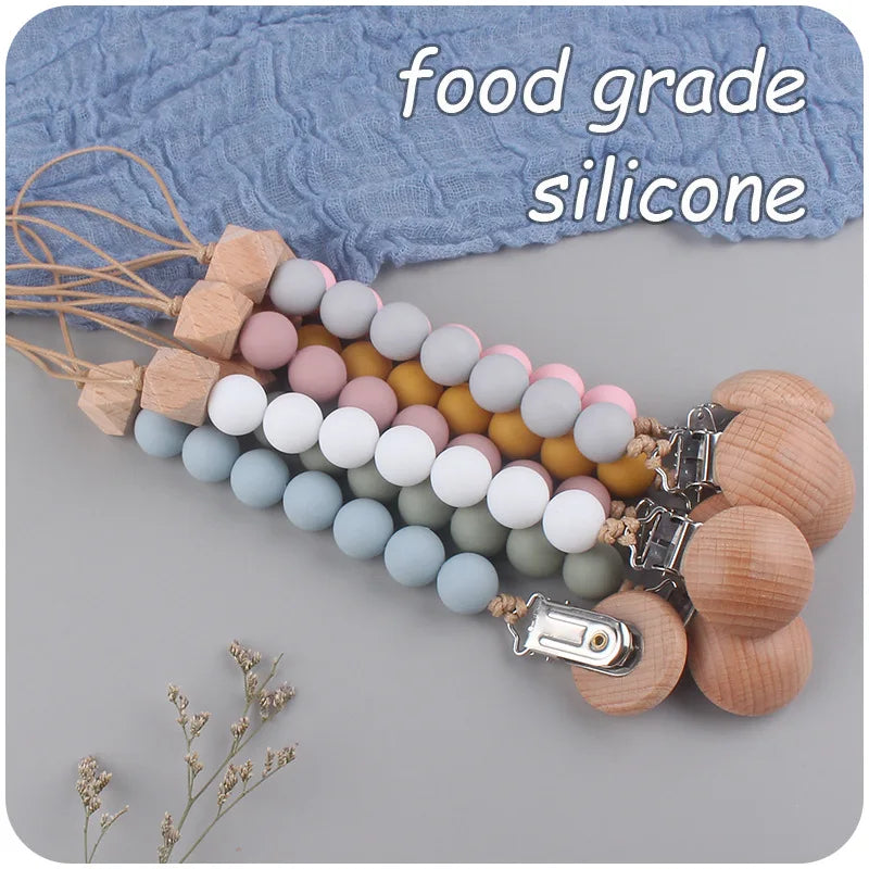 New Baby Products Made of Beech Wood Pacifier Clip To Soothe Silicone Bite Grind Teeth Angle Pacifier Chain Baby Toys Bebes