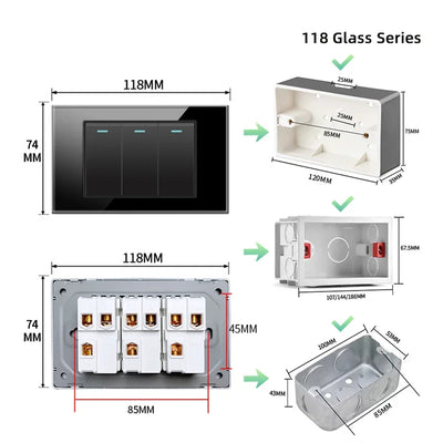 Shawader Electric Power Wall Switch Brazil US Mexico Glass Panel 118 Jack Three Position Outlet Home Office Kitchen 1/2/3/4Gang