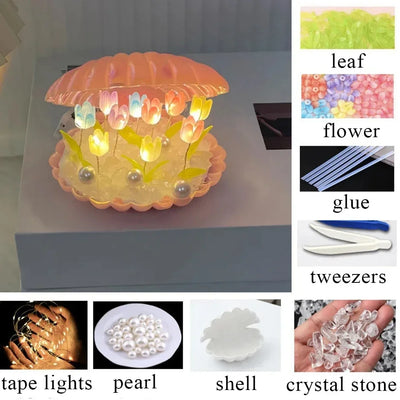 Handmade DIY Ceramic Shell Tulip Small Night Lamp Creative Valentine Christmas Birthday Kids Gift Bedside Table Ambience Light