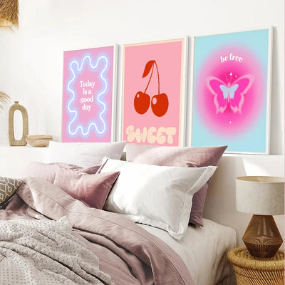 Abstract Pink Purple Danish Pastel Love Heart Cherry Butterfly Poster Nordic Bedroom Wall Aesthetic Art Print Picture Room Decor