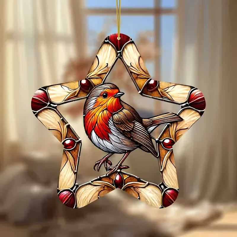 Vibrant Robin Bird Garden Light Catcher 8 inches Colored glass style window hanging decoration with hemp thread loop