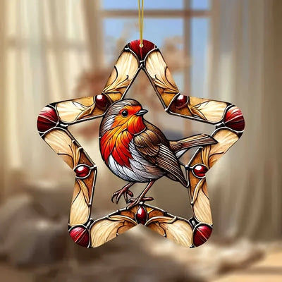 Vibrant Robin Bird Garden Light Catcher 8 inches Colored glass style window hanging decoration with hemp thread loop