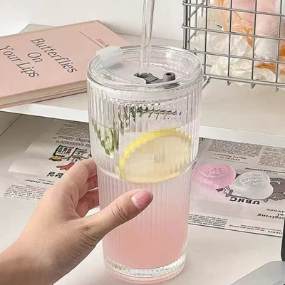 Striped Glass Coffee Cup, 600ml Glass with Straw and Lid, for Water Coffee Tea, Clear Drinkware