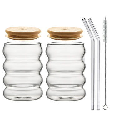 1/2/4PCS Creative Glass Cup with Lid Straw Heat-resistant Wave Cup Beer Juice Ice Coffee Cups Cocktail Fruit Glass Drinkware
