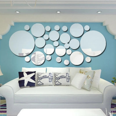 32Pcs Modern 3D Mirror Wall Sticker Circle Silver Mirror Decals Self-Adhesive Art Ornaments Home Background Decoration