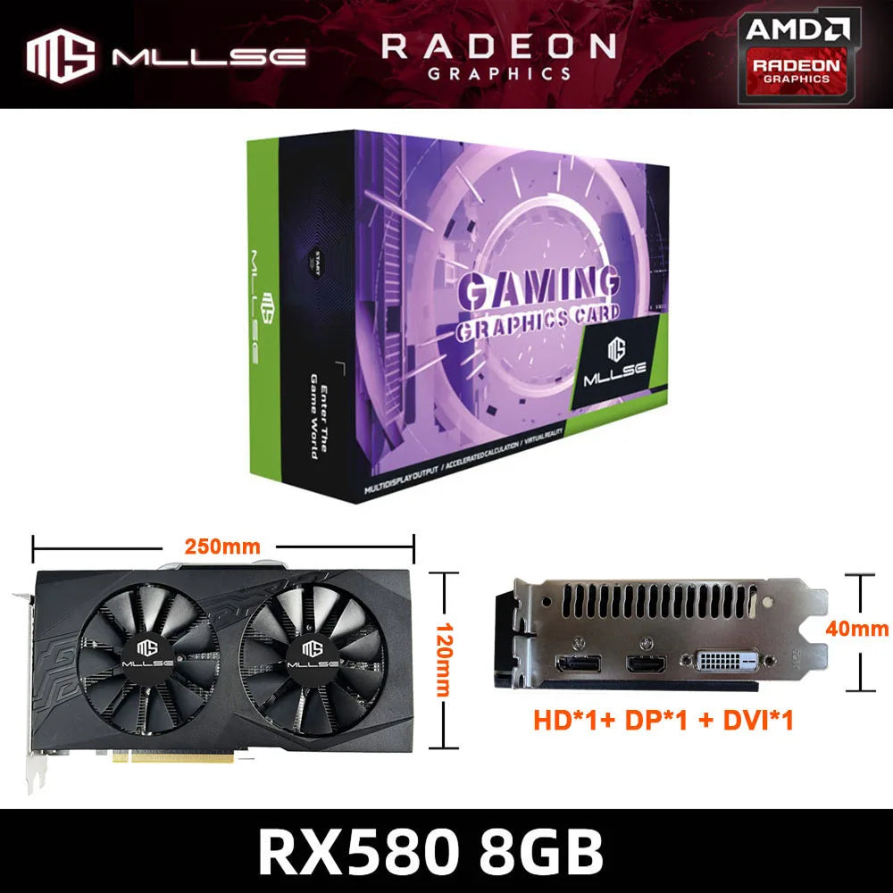 2025 Video MLLSE AMD Radeon RX 580 8GB 2048SP Graphics Card GDDR5 256-bit PCI Express 3.0 ×16 Gaming