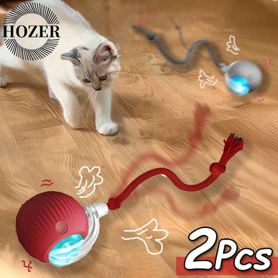 2Pcs cat Interactive Ball Toys Automatic Rolling Ball Faux Tail Rechargeable Smart Pet Electric Toy Cat Training Imitate Mouse