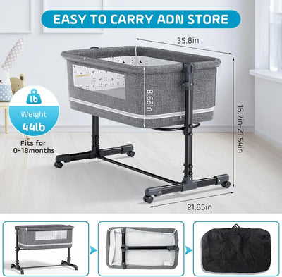 3-IN-1 BABY BASSINET WITH COMFY MATTRESS, PORTABLE BEDSIDE SLEEPER WITH WHEELS, EASY TO ASSEMBLE, SUITABLE FOR BABY GIRLS AND BOYS