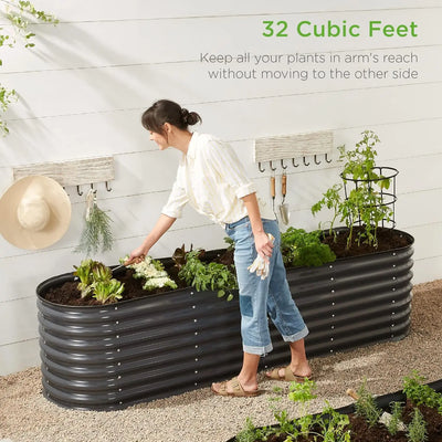 8x2x2ft Metal Raised Garden Bed, Oval Outdoor Deep Root Planter Box for Vegetables, Herbs w/ 4 Support Bars, 215 Gal Capacity