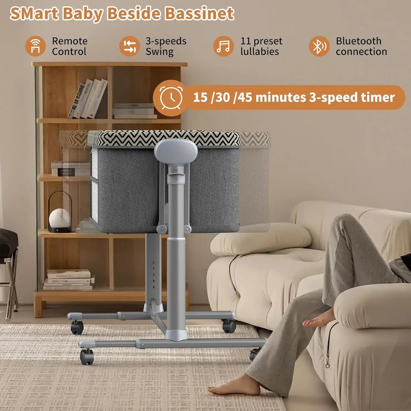 AUTOMATIC PORTABLE BASSINET BEDSIDE SLEEPER WITH 3-SPEED SWING & WHEELS – NEWBORN BABY CRIB IN BED