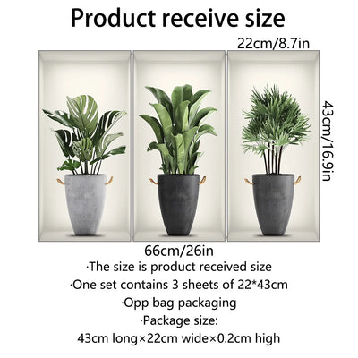 3Pcs/Set Fake Green Plants Potted Plant 3D Wall Stickers Living Room Study Office Waterproof Vinyl Decor Self Adhesive Decals