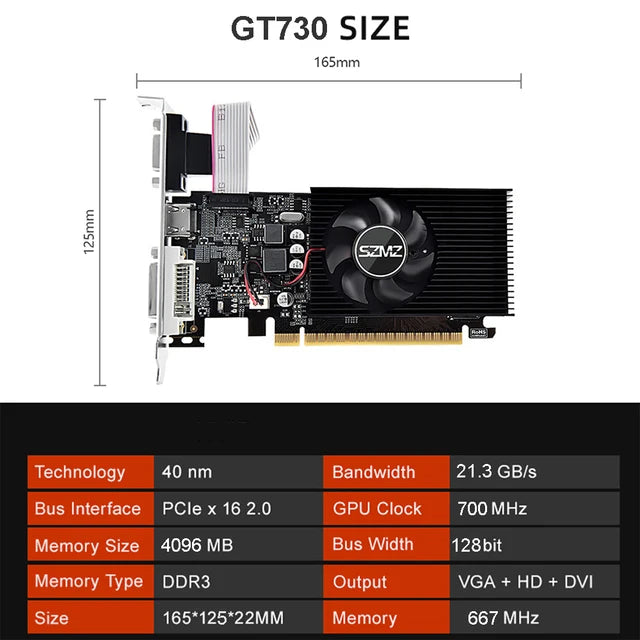 GT730 4GB DDR3 Video Card GT 730 Graphics Card HD VGA DVI Port PCI-E2.0 16X Computer Gaming Graphics Cards Mute Fan GT610 1G/2G