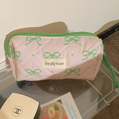 Green Pink Contrasting Bow Makeup Bag Large Capacity Portable Travel Toiletry Bag Storage Bag