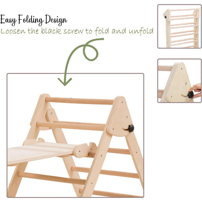 Large Foldable Pikler Triangle Set with Sliding Ramp & Climbing Arch Ramp, 5-in-1Wooden Toddler Climbing Toys Indoor