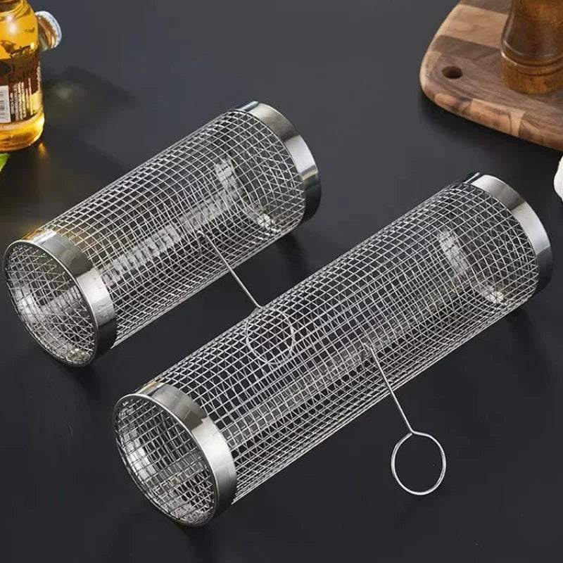 30*9.5*9.5cm Stainless Steel BBQ Basket Outdoor Rotary Wire Mesh Grill Camping Barbecue Cookware For Meat Fish Vegetables