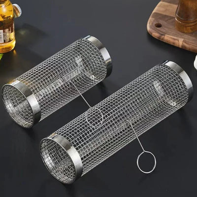 30*9.5*9.5cm Stainless Steel BBQ Basket Outdoor Rotary Wire Mesh Grill Camping Barbecue Cookware For Meat Fish Vegetables