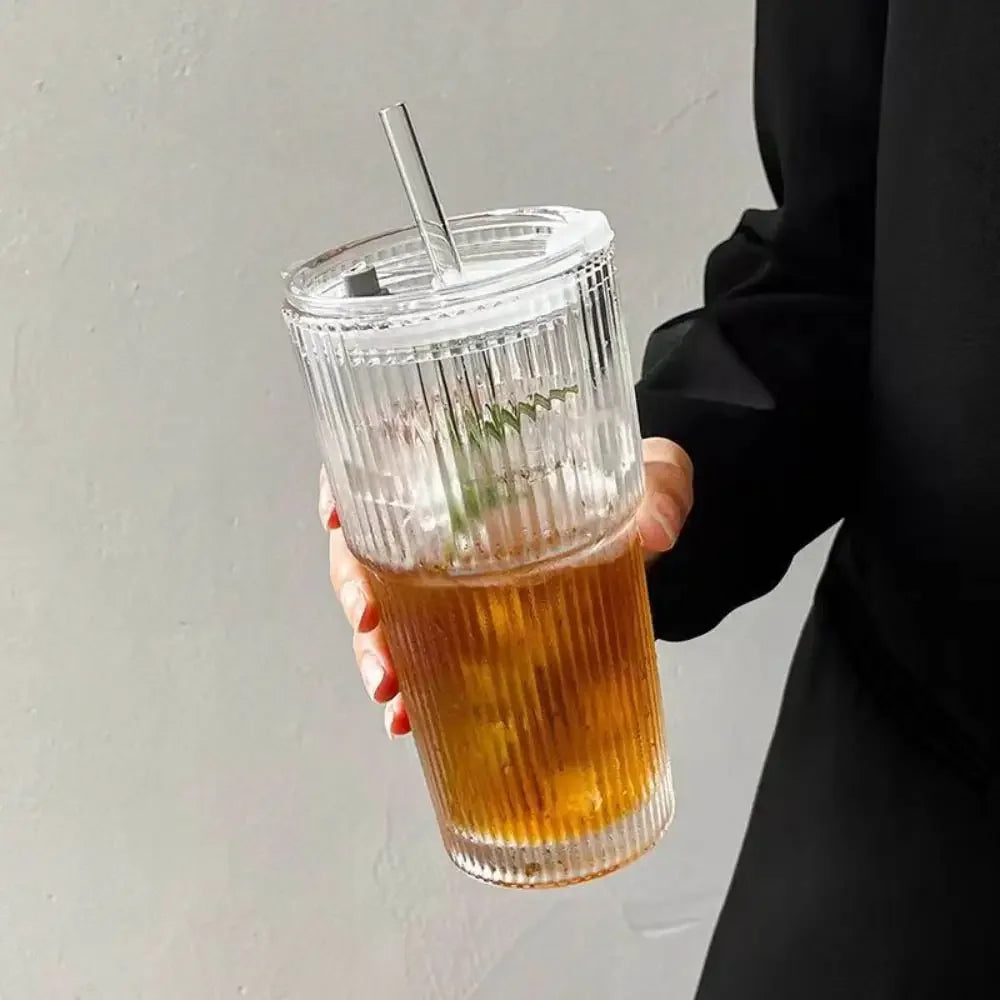Striped Glass Coffee Cup, 600ml Glass with Straw and Lid, for Water Coffee Tea, Clear Drinkware
