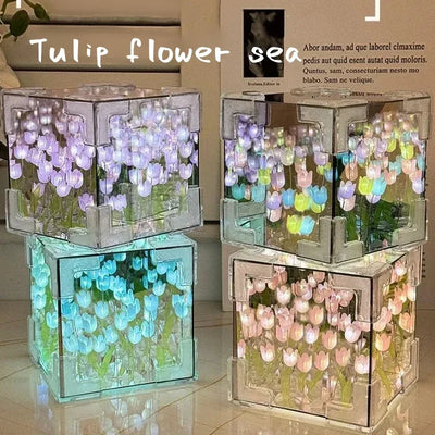 DIY Tulip Night Light Luminous Ornament Mirrors Simulation Flower Light INS Decor LED Table Lights Desktop Mirror Light Gifts