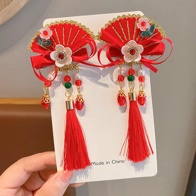 Girl's Hair Accessories Chinese Style Hair Cards Children's New Year Fans Ancient Style Hair Clips Hanfu Headwear New Year Gifts