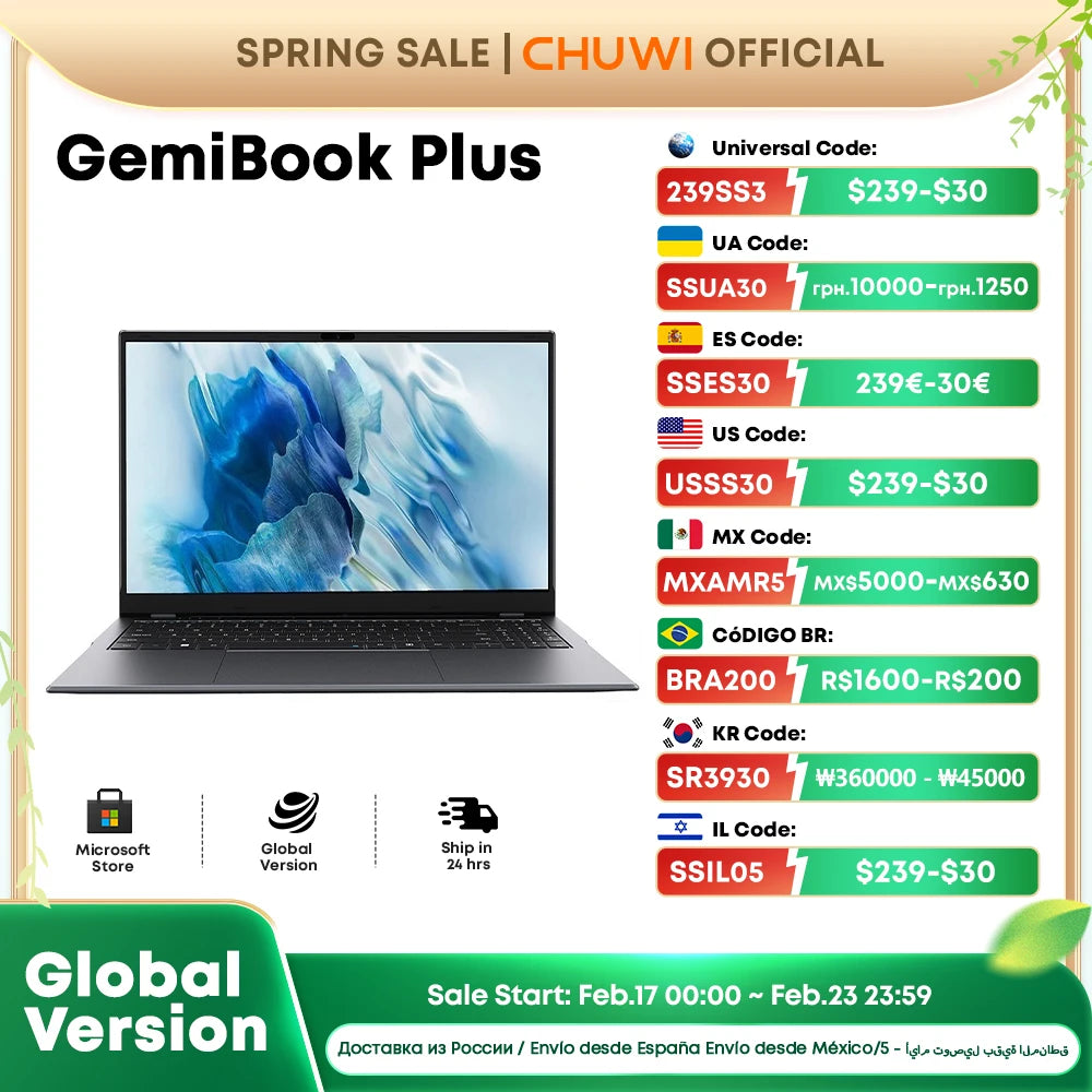 CHUWI GemiBook Plus Laptop 15.6" Intel N100 Graphics for 12th Gen 1920*1080P 16GB RAM 512GB SSD With Cooling Fan Windows 11