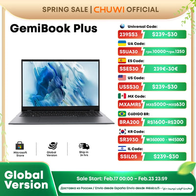 CHUWI GemiBook Plus Laptop 15.6" Intel N100 Graphics for 12th Gen 1920*1080P 16GB RAM 512GB SSD With Cooling Fan Windows 11