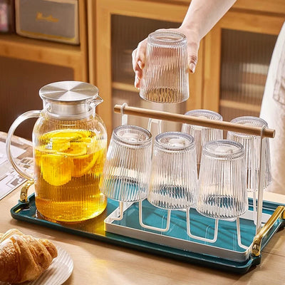 1.6L Heat Resistant Glass Cold Water Kettle And Cups Transparent Stripe Coffee Teaware Stainless Steel Lid Jug Kitchen Accessory