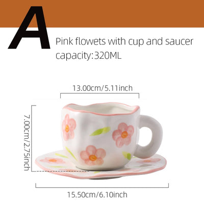 Hand-painted Flower Ceramic Coffee Cup Home Office Mug With Saucer Breakfast Milk Juice Tea Handle Cup Gift Drinkware Set