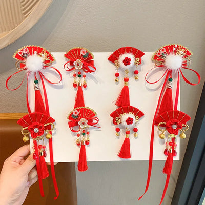 Girl's Hair Accessories Chinese Style Hair Cards Children's New Year Fans Ancient Style Hair Clips Hanfu Headwear New Year Gifts