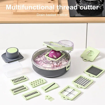 Stainless Steel Kitchen Gadget Multi-purpose Vegetable Chopper with Stainless Steel Blades Draining Container 14-in-1 for Fruits