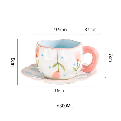 Creative Ceramic mug Hand-painted Flower Clouds Coffee Cup with Saucer Irregular Handmade Cup Breakfast Milk Tea Cups Gift Set