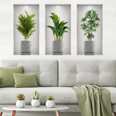 3Pcs/Set Fake Green Plants Potted Plant 3D Wall Stickers Living Room Study Office Waterproof Vinyl Decor Self Adhesive Decals