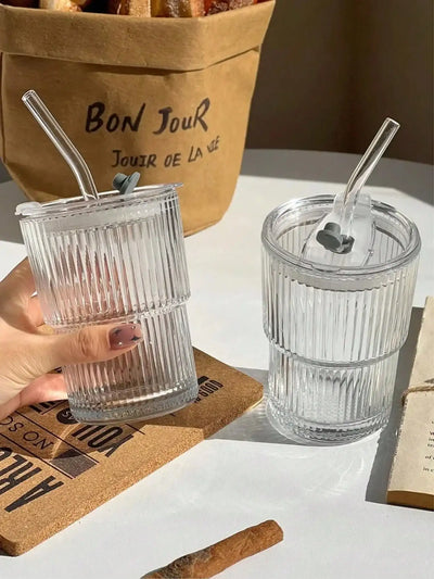 1pc, Vertical Striped Glass Cup, Iced Coffee Cup, Vintage Transparent Water Tea Milk Juice Mugs Cup, Wine Glasses For Cocktail,