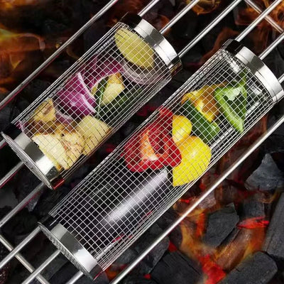 30*9.5*9.5cm Stainless Steel BBQ Basket Outdoor Rotary Wire Mesh Grill Camping Barbecue Cookware For Meat Fish Vegetables