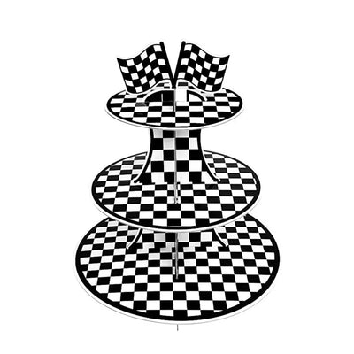 Racing Car Theme 3-Tier Round Cardboard Cupcake Stand  Cars Birthday Party Tablecloth Black and White Checkered Decor Supplies
