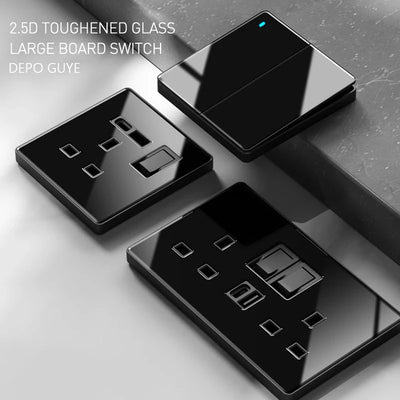 Black UK 18W Type-C Quick charge Socket Universal Double 3pin USB Power Outlet,220V Electrical Wall LED Light 2way Switch TV TEL