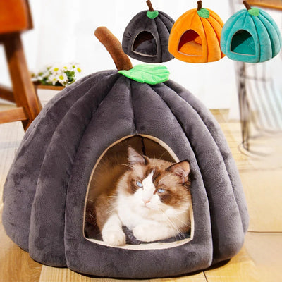 3D PUMPKIN PET HOUSE – SEMI-ENCLOSED WINTER CAT HOUSE WITH REMOVABLE BOTTOM, NON-SLIP BASE & WASHABLE SOFT PP COTTON MAT