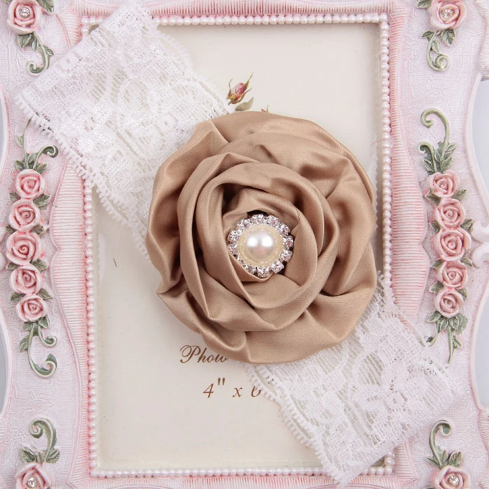 1PCS Baby Girls Rose Flower Headband with Pearl Rhinestone Center Soft Lace Bands Newborn Infant Toddler Kids Hair Accessories