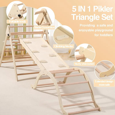 Large Foldable Pikler Triangle Set with Sliding Ramp & Climbing Arch Ramp, 5-in-1Wooden Toddler Climbing Toys Indoor