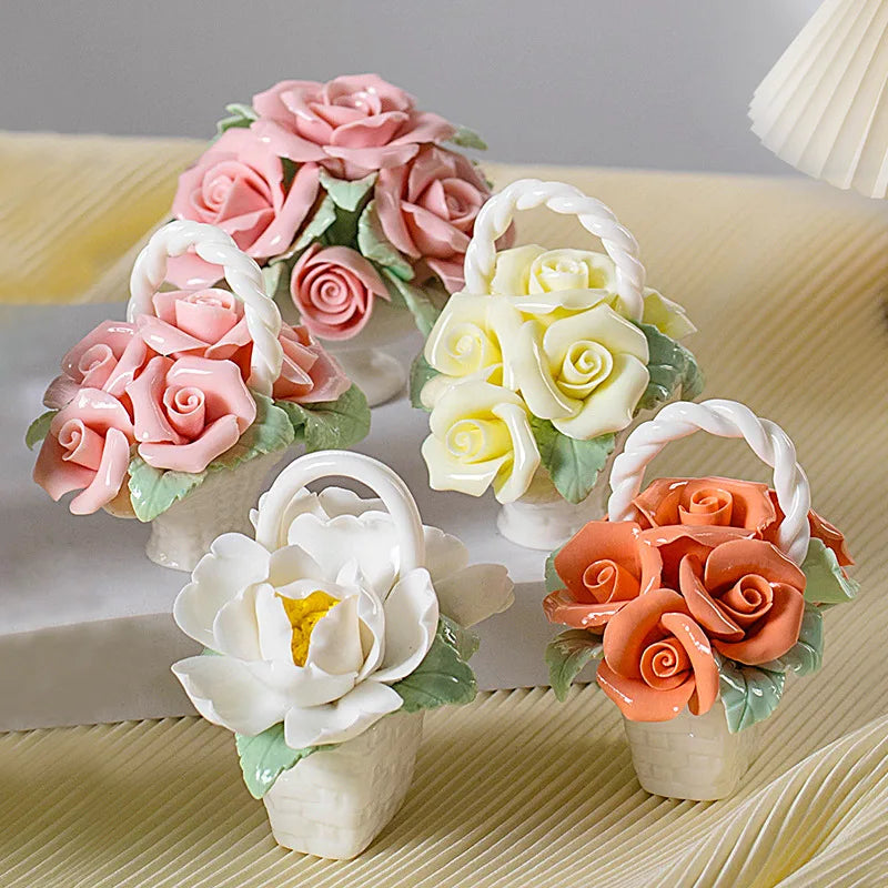 Ceramic Simulation Flower Basket Ornaments Handmade Mini Flower Basket Creative Coffee Table Living Room Table Decorations
