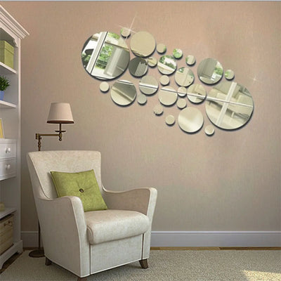 32Pcs Modern 3D Mirror Wall Sticker Circle Silver Mirror Decals Self-Adhesive Art Ornaments Home Background Decoration