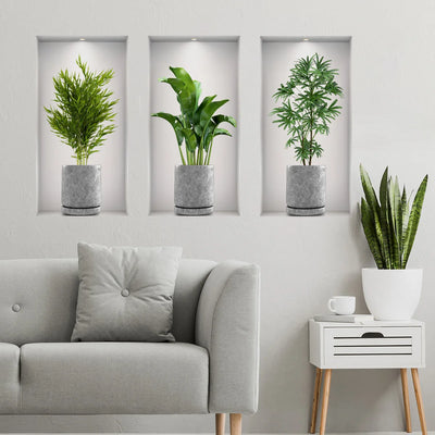 3Pcs/Set Fake Green Plants Potted Plant 3D Wall Stickers Living Room Study Office Waterproof Vinyl Decor Self Adhesive Decals