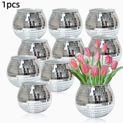 Creative Disco Ball Flower Pot Silver Mirror Glass Round Disco Ball Plant Holder Home Decoration Flower Vase Home